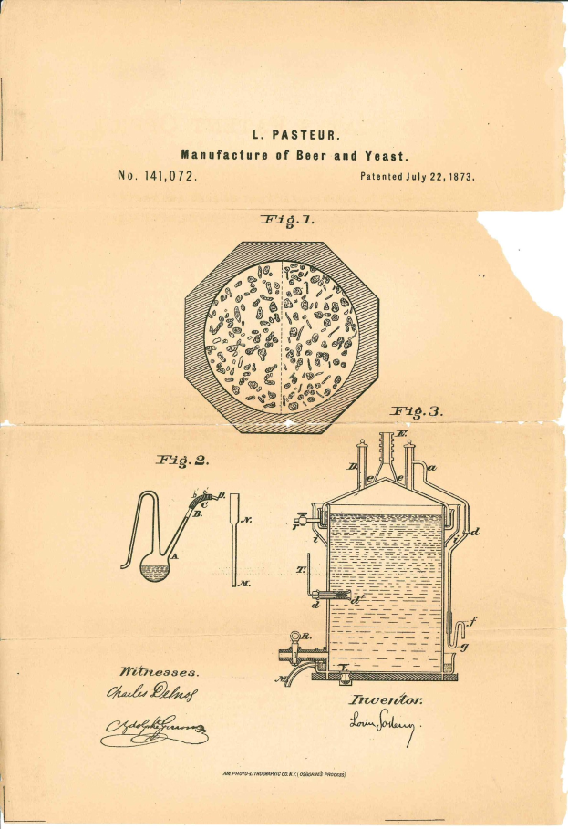 Altes Buch mit Patentzeichnung für eine Bier- und Hefemachine, mit Text und einer Illustration auf altem Papier.