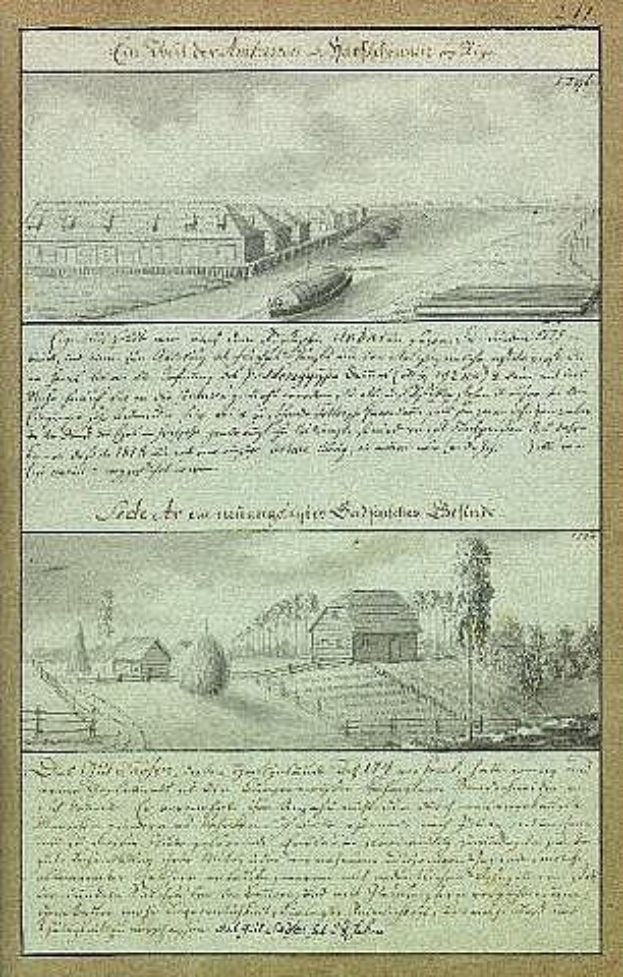 Altes Buch mit einer 17. Jahrhundert-Illustration einer im Bau befindlichen Bahnstation, einschließlich Häusern, Bäumen und anderen Gegenständen sowie Text und Zeichnungen.