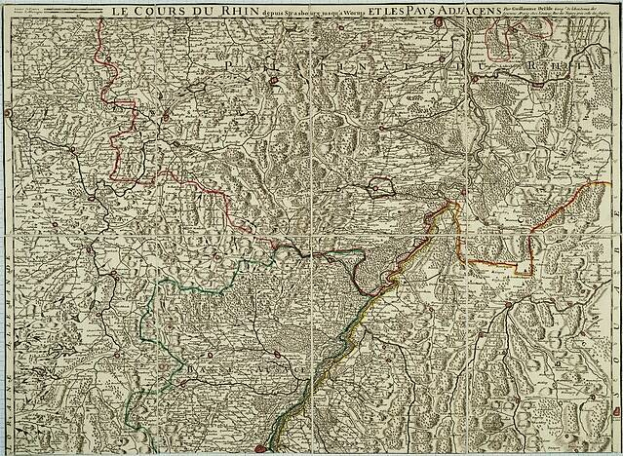Alte Karte der Rheinpfalz-Region in Frankreich mit dem Rheinfluss, auf Papier gedruckt mit Text oben und unten.