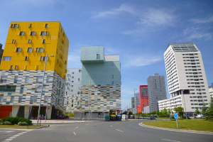 Eine Stadtstraße mit hohen Gebäuden im Hintergrund, Straßenlaternen, Autos auf der Straße, Informationsschilder, Büsche, Bäume und ein bewölkter Himmel, mit Gebäuden der Universität Rotterdam, die für ihre einzigartige Architektur bekannt sind.