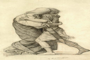 Eine Zeichnung eines Mannes und einer Frau, die sich in einem Kuss umarmen, wobei der Mann ein Schwert hält, und ein Text unten.