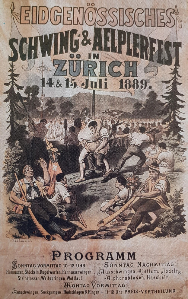 Alter Plakatwerbung für ein Festival in Zürich, Schweiz, mit einer Gruppe von Menschen mit Stöcken und Bäumen im Hintergrund, begleitet von Text.