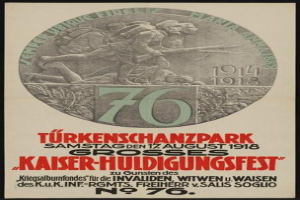 Plakat zum 70. Jubiläum des Kaiser-Huldigungsfestes in Berlin, Deutschland, das eine Gruppe von Menschen mit Text und Zahlen in einem Rahmen zeigt.