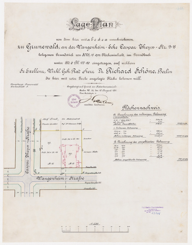 Altes Dokument mit einem detaillierten Large-Scale-Map eines Berlin-Parkplatzlayouts, einschließlich Text und einem Stempel.