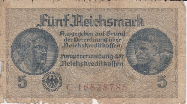 Alte deutsche 5 Reichsmark-Banknote mit Porträt eines Mannes, ausgegeben von Deutschland.