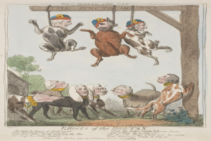 Ein Papier drawing, das Menschen und Tiere, einschließlich eines Hundes, zeigt, der an einem hölzernen Pfahl hängt, mit begleitendem Text, der wahrscheinlich mit der Hundesteuer zu tun hat.