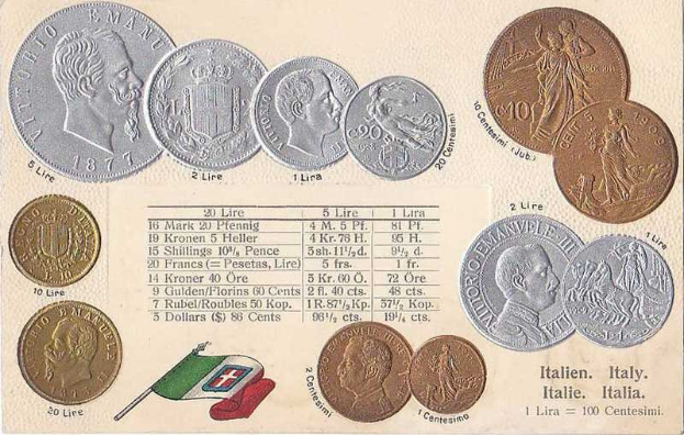 Ein Blatt Papier mit einer Reihe italienischer Münzen von 1877-1910, darunter mehrere 20-Lire-Stücke, mit Text und Porträts und zwei Flaggen unten, darunter die italienische Flagge.