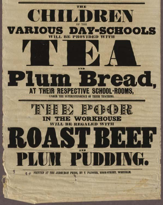 Ein Blatt, auf dem eine Ankündigung steht, dass Kinder aus verschiedenen Tagesschulen Tee, Pflaumenbrot, Rinderbraten und Pflaumenpudding erhalten werden.