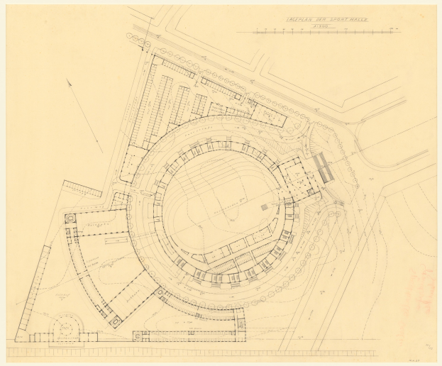 Schwarz-weißer architectural plan of a stadium with surrounding buildings, labeled as the proposed Sport Hall in London, with handwritten annotations.
