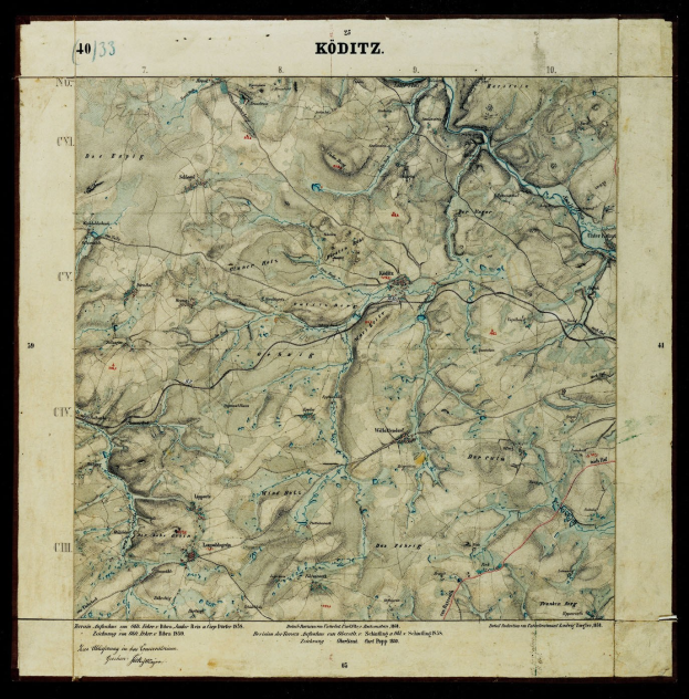 Schwarze und weiße topografische Karte von Köditz, Deutschland, die Berge, Flüsse und andere geografische Merkmale zeigt.