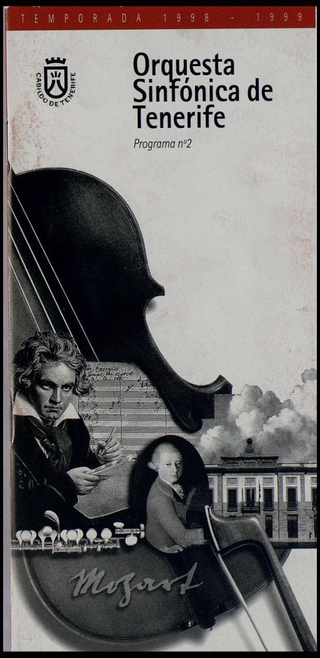 Plakat für das zweite Programm der Symphonischen Orchester von Teneriffa, das Mozarts Symphonie Nr. 2 in D-Moll, Op. 63, mit zwei Geigern im Vordergrund und einem Gebäude im Hintergrund zeigt.