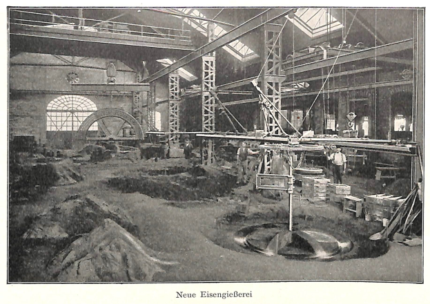 Schwarzes und weißes Foto einer frühen deutschen Fabrik mit Arbeitern, die an einer Maschine arbeiten, umgeben von Metallstangen und Pfählen, beschriftet mit "Neue Eisenglebeerei, die erste Fabrik in Deutschland."