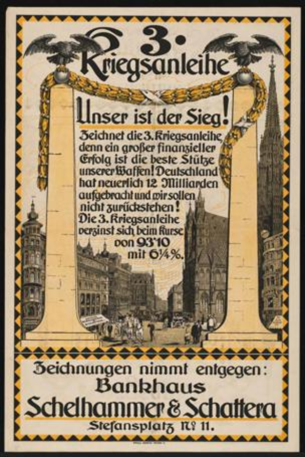 Ein gerahmtes altes deutsches Propagandaplakat für die 3. Reichsbanleihe, das eine Stadtlandschaft mit Gebäuden, Menschen und Text zeigt.