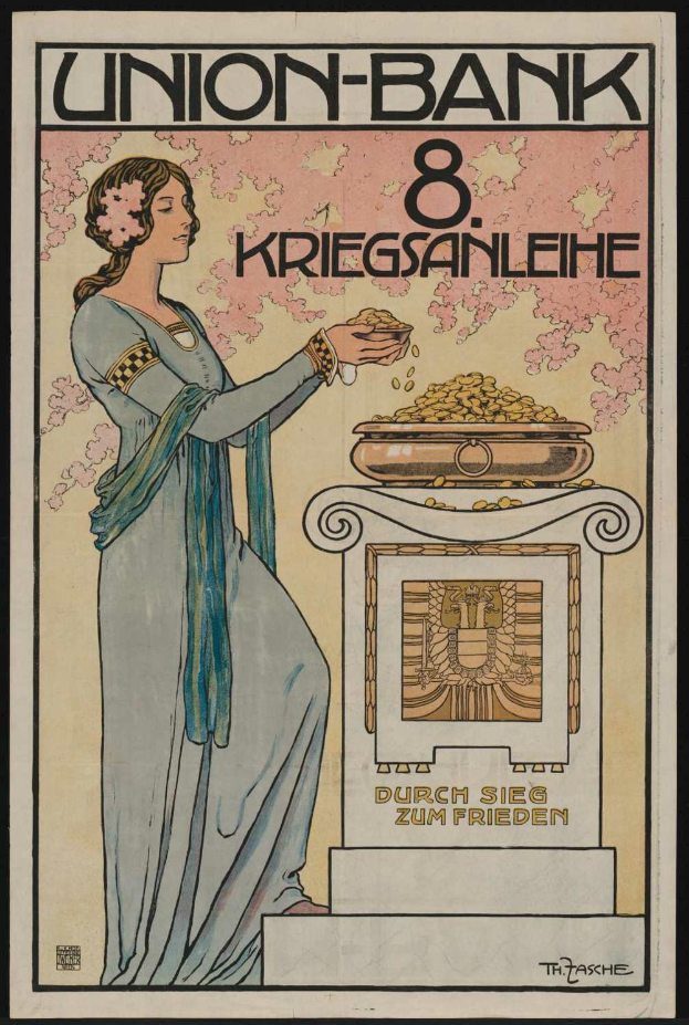 Eine Frau in einem weißen Kleid hält eine Schüssel mit Essen in der Hand und steht vor einem schwarzen Hintergrund, mit einem Plakat "Union-Bank 8 Kriegsanleihe" dahinter.