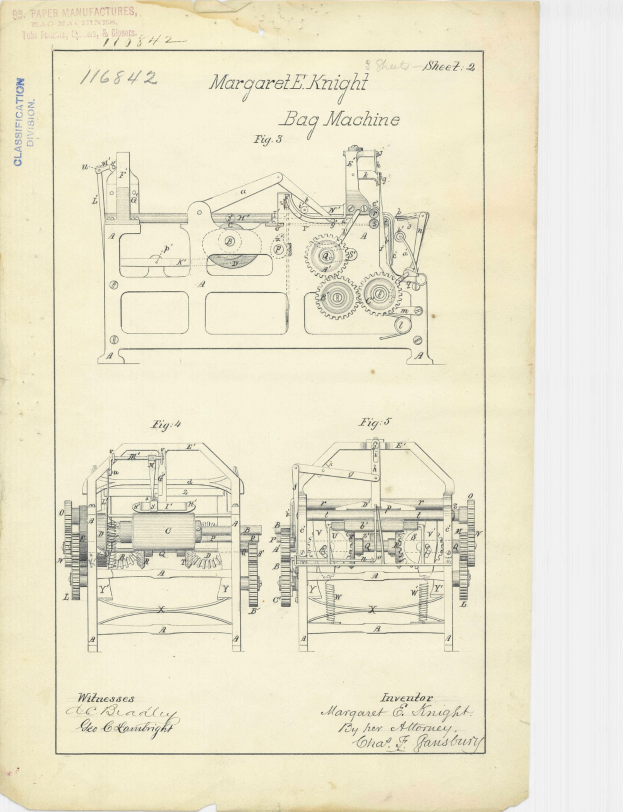 Detailierte technische Zeichnung einer Beutelmaschine auf Papier, einschließlich beschrifteter Komponenten wie Griff und Räder, mit begleitendem beschreibendem Text.