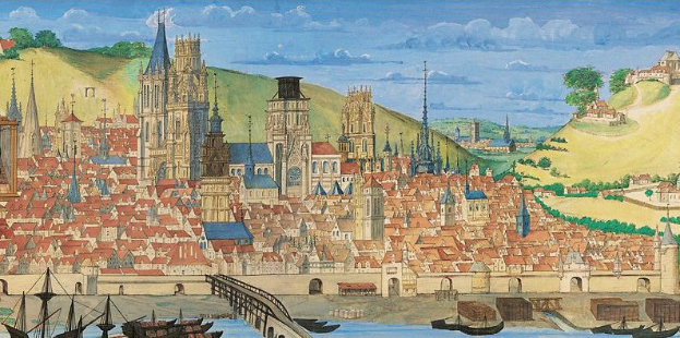 Gemälde von Köln, Deutschland, mit einer Stadtansicht, Booten, einer Brücke, Gebäuden, Bäumen, Hügeln und einem bewölkten Himmel.