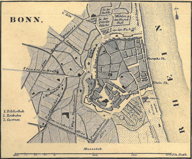 Detailiertes altes Stadtplan von Bonn, Deutschland, mit Stra├čen, Geb├Ąuden und Landmarken mit Textanmerkungen.