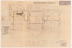 Schwarz-weißer Architekturplan des Rosenhof-Krankenhauses in Hamburg, Deutschland, mit detaillierten Grundrissen und zahlreichen elektrischen Kabeln auf altem Papier.
