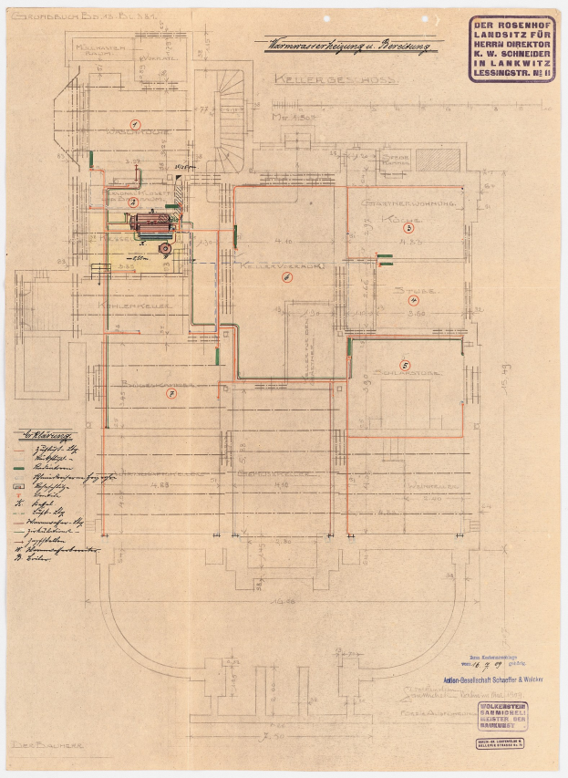 Schwarz-weißer Architekturplan des Rosenhof-Krankenhauses in Hamburg, Deutschland, mit detaillierten Grundrissen und zahlreichen elektrischen Kabeln auf altem Papier.