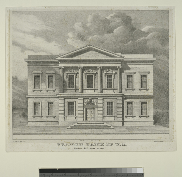 Schwarze und weiße Zeichnung eines Gebäudes mit der Bezeichnung "Zweigstelle der Vereinigten Staaten" mit Fenstern, einer Tür, Treppen und einem bewölkten Himmel.