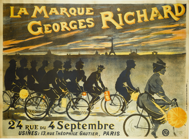 Plakat, das ein Fahrradrennen in Paris, Frankreich, ankündigt, mit einer Gruppe von Radfahrern und dem Eiffelturm im Hintergrund, einschließlich der Textdetails des Ereignisses.