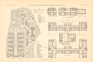 Detailierter alter Stadtplan auf altem Papier, der Straßen, Gebäude, Parks und Sehenswürdigkeiten zeigt, mit begleitendem Text.