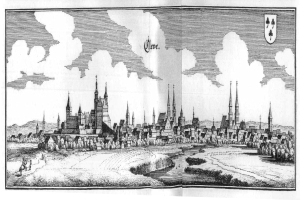 Eine schwarz-weiße Zeichnung einer Stadt mit einem Schloss im Hintergrund, umgeben von Bäumen, Wasser und Wolken am Himmel, mit dem Text "Köln, Deutschland" unten.