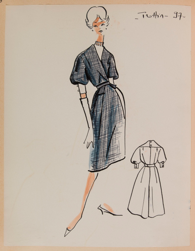 Eine Zeichnung einer Frau in einem Kleid im Stil der 1960er Jahre mit einem Kragen, langen Ärmeln und einem Plisseerock, die mit ausgestreckten Armen und leicht geneigtem Kopf steht, mit der Aufschrift "1960er Jahre" auf dem Papier.