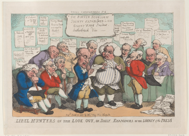 Zeichnung von Menschen, die um einen Tisch sitzen und Papiere untersuchen, mit Text unten: "Libel Hunters on the Look Out, or Daily Examiners of the Liberty of the Press."
