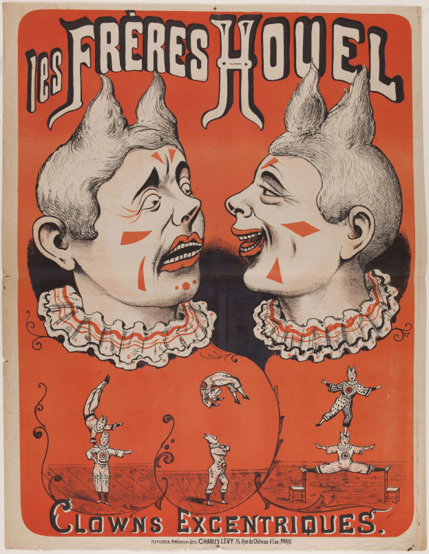 Ein Zirkusposter mit zwei Clowns in bunten Kostümen mit fröhlichen Gesichtern, begleitet von Text, der den Zirkus und seine Künstler beschreibt.