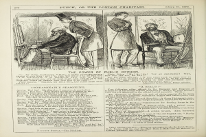 Ein altes Buch mit einer Zeichnung eines Mannes in einem Anzug auf einem Stuhl und einer Frau daneben, betitelt "Die Macht der öffentlichen Meinung."