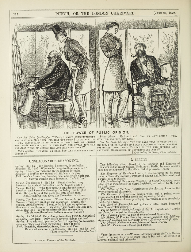 Ein altes Buch mit einer Zeichnung eines Mannes in einem Anzug auf einem Stuhl und einer Frau daneben, betitelt "Die Macht der öffentlichen Meinung."