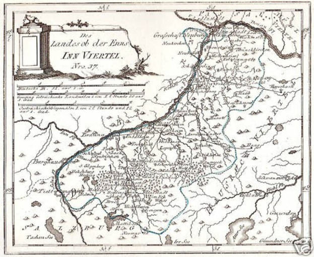 Ein Plakat mit einer detaillierten Karte des Rheins in Deutschland, einschließlich beschrifteter Sehenswürdigkeiten, Städte und geografische Merkmale, neben Text und einem Bild einer Säule.