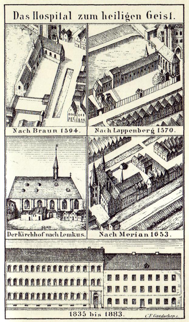 Ausführliches Zeichnung eines deutschen Krankenhauses auf einem Plakat, einschließlich Gebäude mit Fenstern, Türen und Balkonen, begleitet von Text, der seine Größe, Lage und Merkmale beschreibt.
