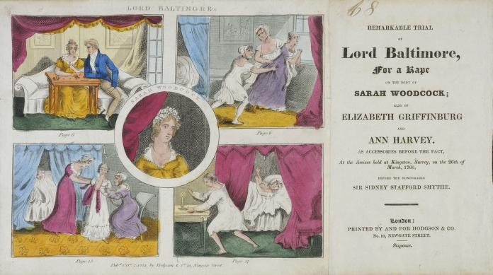 Eine historische Illustration, die eine Verhandlungsszene mit Porträts, Vorhängen und Text auf einem Papier zeigt.