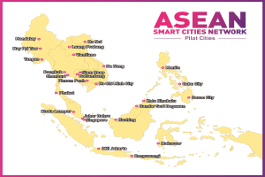 Karte des ASEAN-Netzwerks intelligenter Städte, die Pilotstädte hervorhebt und detaillierte Stadt- und Ortslagen in der Region zeigt.