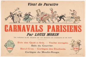Ein Heft mit dem Titel "Carnivals Parisiens par Louis Morin" mit leuchtenden, detailreichen Entwürfen von Menschen in bunten Karnevalskostümen und Masken.
