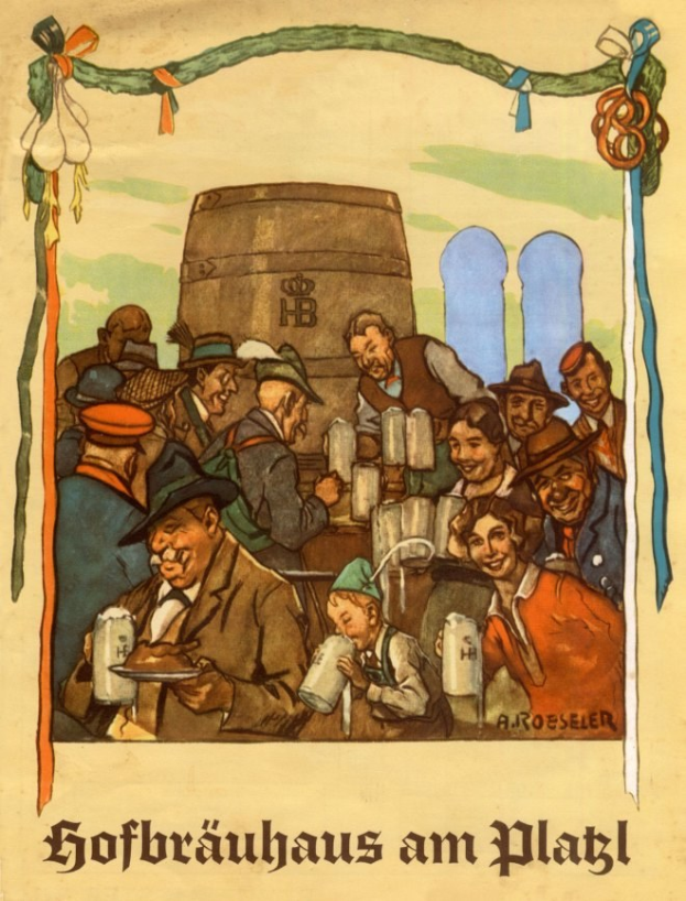 Poster for a German beer festival featuring people holding beer glasses and a barrel in the background with German text at the bottom.