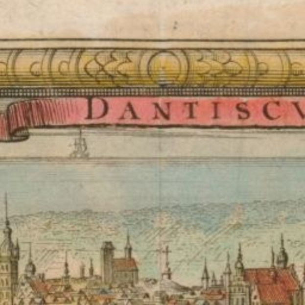 Ein altes Buch mit einer Stadtansicht-Illustration, die Geb├Ąude und ein Banner mit beschreibendem Text über die Stadt zeigt.