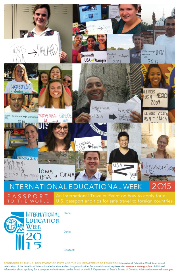 Internationaler Bildungswoche 2015 Plakat mit einer vielseitigen Gruppe von lachenden Menschen, die Schilder mit textbezogenen Inhalten halten.