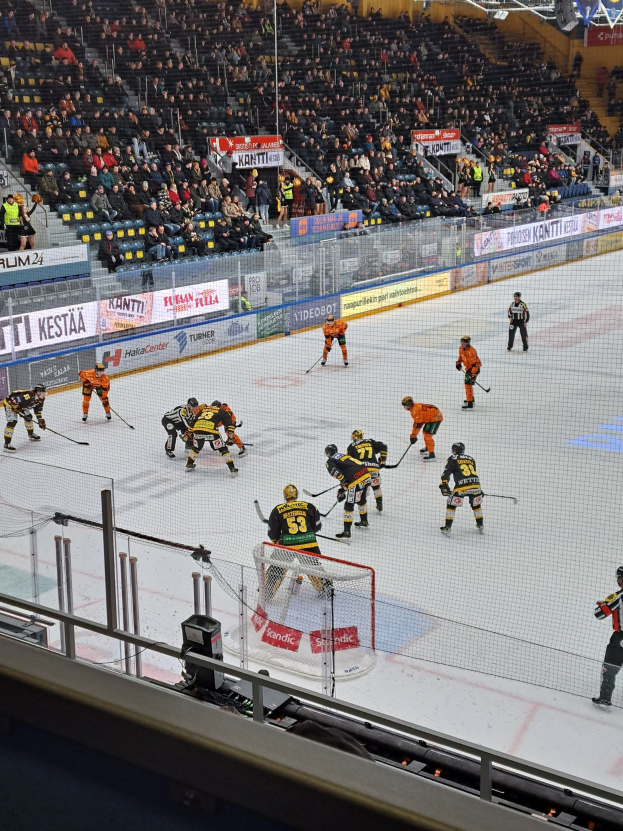 Gruppe von Menschen, die Hockey auf einem Eisstadion mit Netz und Umzäunung spielen, Zuschauern im Hintergrund, Bannern und Überdachungsbeleuchtung.