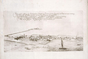 Ein altes Buch mit dem Titel "Plan der Stadt Köln, Deutschland" zeigt eine zentrale Illustration der Stadt layout, umgeben von Booten auf dem Wasser.