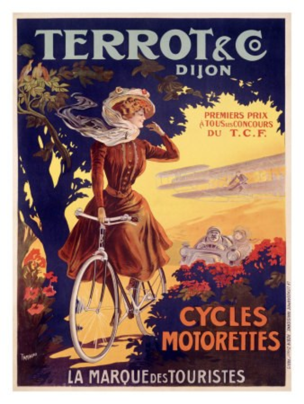 Frau auf Fahrrad in idyllischer Outdoor-Landschaft mit Bäumen und Blumen, umgeben von anderen Radfahrern, als Teil einer Tour in Frankreich.