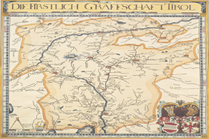 Ausf"uhrliches historisches Plakat der ersten Grafschaft Tirol-Karte, die geographische Merkmale wie Fl"usse, Berge und St"adte mit begleitendem Text "uber die Region zeigt.