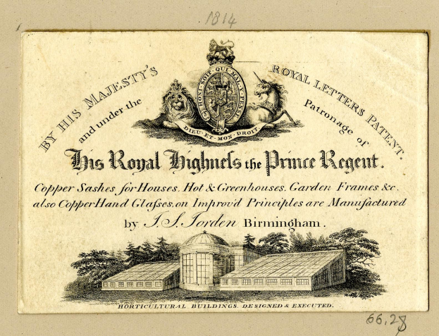 Alte Visitenkarte mit einer Illustration eines Gebäudes mit Bäumen, dem Text "The Royal Highmills of the Prince Regent" und einem Logo.