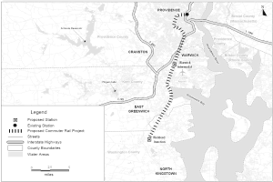 Eine Schwarz-Weiß-Karte einer Stadt mit einem Fluss, die Details eines geplanten S-Bahn-Projekts, Straßen, Autobahnen und andere Merkmale zeigt, mit Text auf der linken Seite.