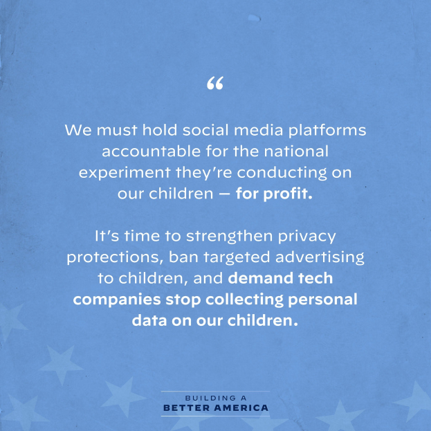 Plakat mit einem Zitat aus Building a Better America, das besagt, dass Social-Media-Plattformen für das Experiment, das sie an Kindern durchführen, zur Rechenschaft gezogen werden sollten, dekoriert mit Sternen.