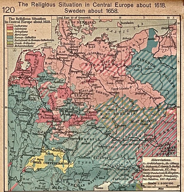 Eine historische Landkarte von Mitteleuropa aus dem Jahr 1618, die das religiöse Landschaftsbild der Region zeigt und von erklärendem Text begleitet wird.