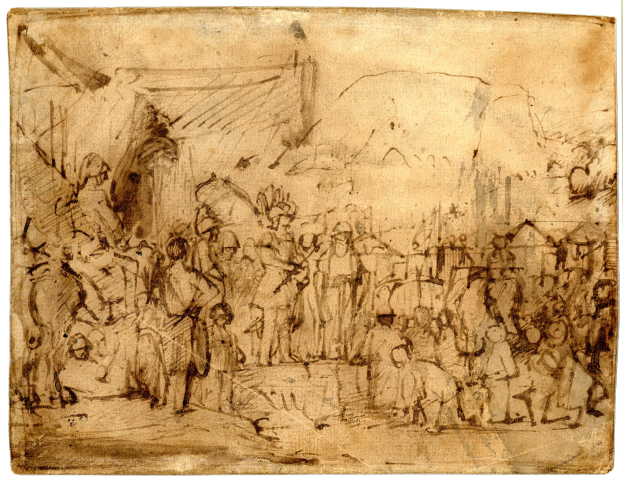 Eine detaillierte Zeichnung auf Papier, die eine vielfältige Menschenmenge in einer Stadt zeigt, wobei einige stehen und andere sitzen.