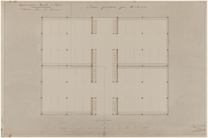 Schwarz-weißes Architekturzeichnung eines 18. Jahrhundert-Gebäudes erster Stock mit zahlreichen Fenstern und handgeschriebenen Anmerkungen auf altem Papier.
